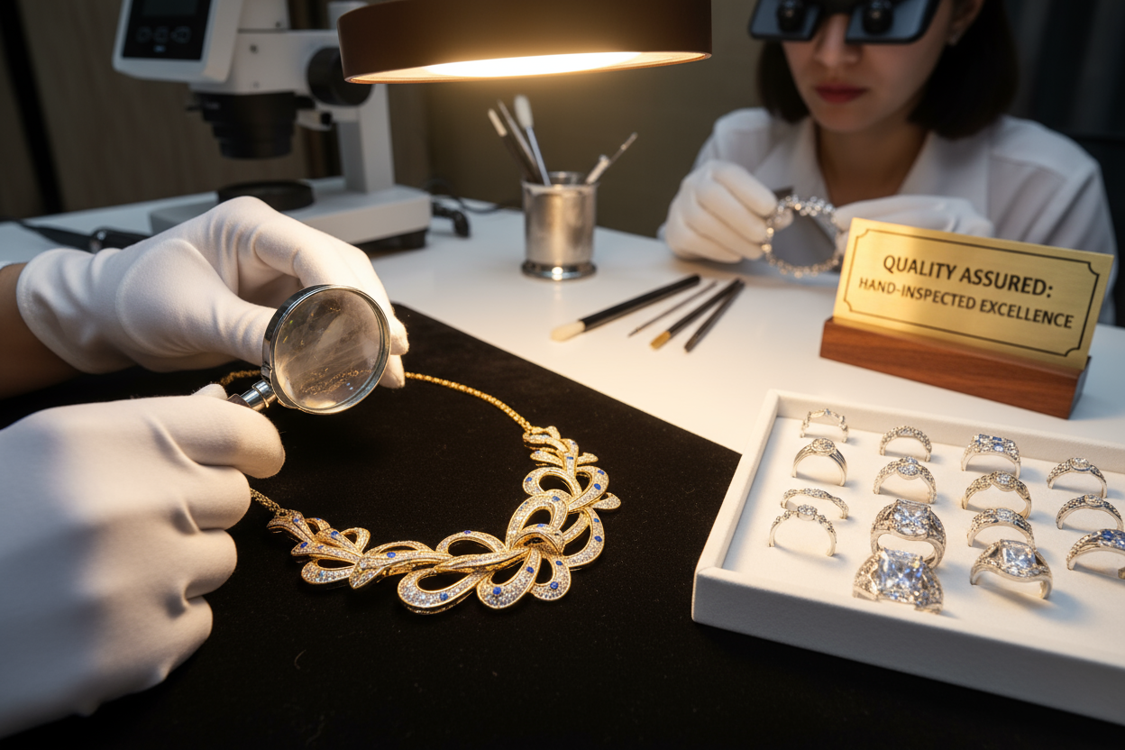 Each product undergoes a strict quality check before it reaches you. We use premium materials and long-lasting plating to ensure a shine that stays. What you see is what you get — authentic designs, trusted craftsmanship, and jewellery you can wear with pride.